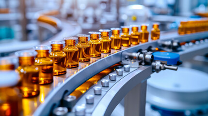 An industrial scene within a pharmaceutical factory, showcasing the production line with pharmaceutical glass bottles and machinery in motion.