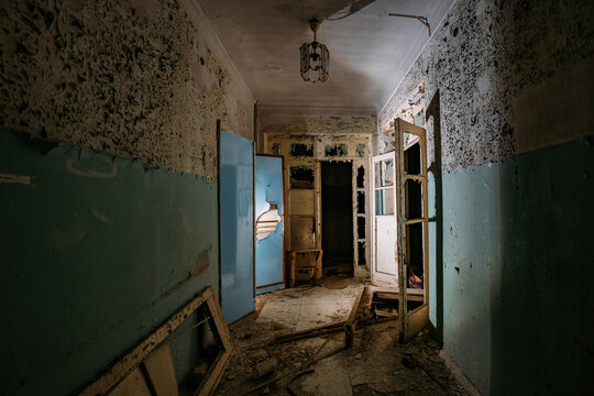 Dark creepy corridor in old abandoned building