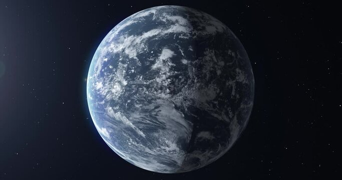 View from space flying around a water planet without land. Aqua planet, futuristic water world with atmosphere. 3D Animation 4K video, version 01.
