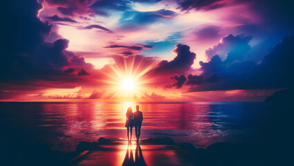 Couple's Silhouette Against Vibrant Ocean Sunset