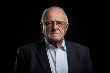 Portrait of an old man with glasses on a black background.