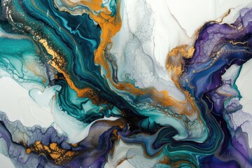 Currents of translucent hues, snaking metallic swirls. Natural luxury abstract fluid art painting in alcohol ink technique