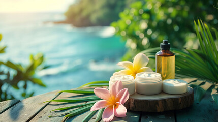 Obraz na płótnie Canvas spa product for skin care on a wooden table with a flower, on the background of the sea