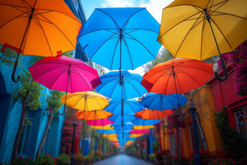 A line of colorful umbrellas suspended in the air, creating a whimsical and artistic overhead display. Concept of public art installations. Generative Ai.
