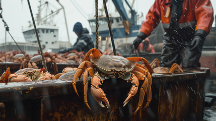fishermen on a boat catch crabs - obrazy, fototapety, plakaty