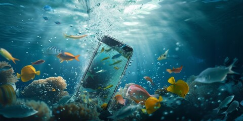 Fototapeta na wymiar Disconnected Depths: A Smartphone Sinks Amongst Tropical Fish, Contrasting Technology with Natural Marine Life, Generative AI