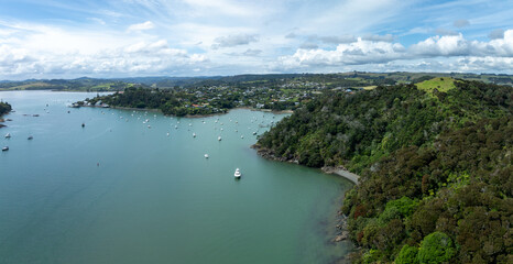 Aerial of boats in the harbour in the town of Mangonui, Northland, New Zealand