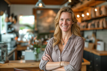 young woman standing in the coffee shop, Portrait of a beautiful lady standing in a restaurant or cafe, Successful young businesswoman smiling looking at camera, Small business owner testimonial image
