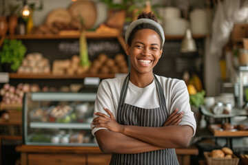Portrait of young african lady standing in a restaurant or cafe, smiling girl wearing apron and standing arms crossed in the shop. smiling looking at camera, Small business owner testimonial image - Powered by Adobe
