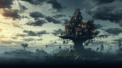 Obraz premium A House on a Tree in the Middle of the Night