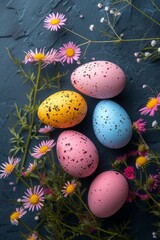 colorful easter eggs and spring flowers against dark background. Happy easter concept. Generative AI