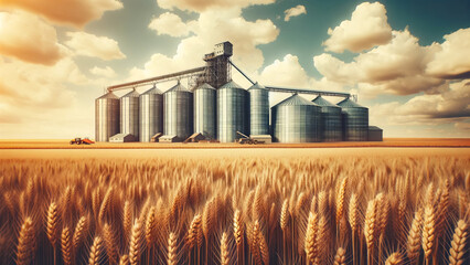 Granary Amidst Golden Wheat Field in Rural Heartland - obrazy, fototapety, plakaty
