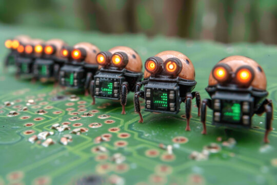 Miniature ants on a green circuit board, closeup of photo