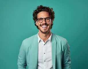 Portrait of young smiling man wearing glasses isolated on turquoise background with space for inscriptions or text.generative ai