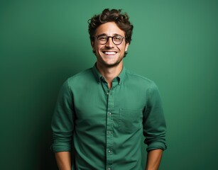 Portrait of young smiling man wearing glasses isolated on turquoise background with space for inscriptions or text.generative ai