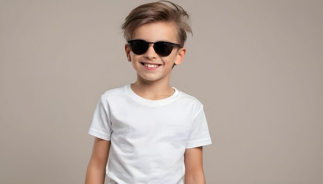 mockup young boy smiling with blank white t-shirt and wearing sunglasses, modern hair on a neutral background, studio shot created with generative ai
