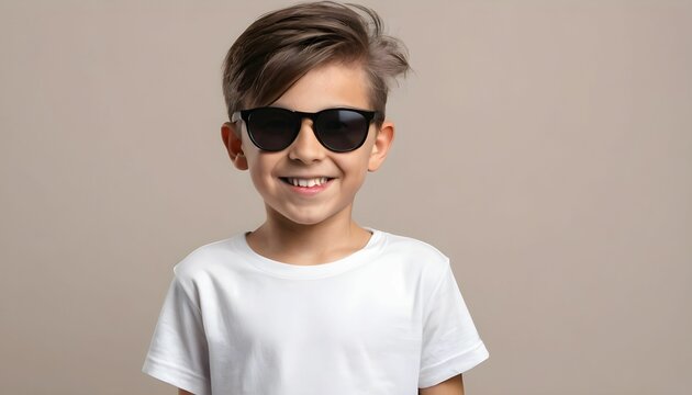 mockup young boy smiling with blank white t-shirt and wearing sunglasses, modern hair on a neutral background, studio shot created with generative ai