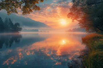 Photo sur Plexiglas Réflexion A picturesque Easter sunrise reflected on a calm lake, creating a breathtaking scene of nature's beauty. Concept of Easter tranquility and renewal. Generative Ai.