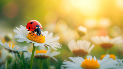 Obraz na płótnie Canvas Ladybug climbing daisy flower at sunset