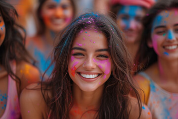 Fototapeta premium A group of friends engaged in a lively Holi dance, their faces and clothes adorned with bright powdered pigments, spreading the spirit of joy and togetherness. Generative Ai.