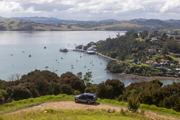 Aerial of boats in the harbour in the town of Mangonui, Northland, New Zealand