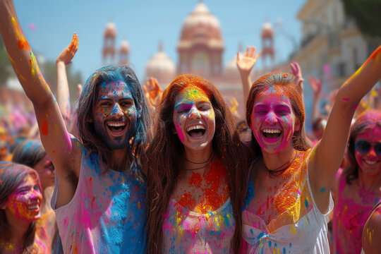 Joyful splashes of vibrant colors fill the air as people come together to celebrate Holi, creating a mesmerizing kaleidoscope of happiness.  Generative Ai.