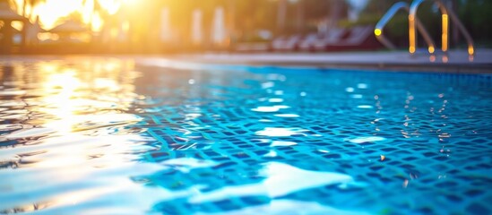 Pool at hotel with sunny reflections and blurred blue water background.