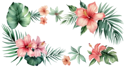 Keuken foto achterwand Tropische planten Watercolor floral illustration frame, Tropical flowers, green leaves isolated transparent background. PNG Format.