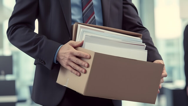 A businessman is fired from his job. He packs his papers and belongings in a box and leaves the office. 
