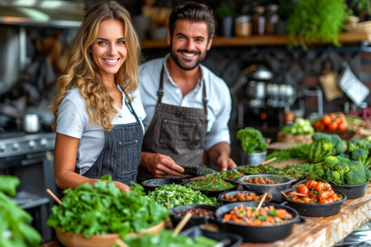 Portrait Of A Happy Young Couple In Apron Standing At The Counter Of A Vegetable Shop.