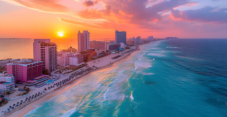 Obraz premium Sunset on the beach of Cancun you can see the sea and the hotel zone, a sunny summer afternoon