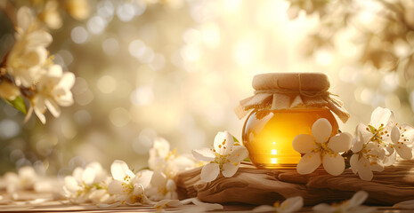 Text background with a bottle of honey and natural products with a ray of sunshine and warm atmosphere, small white flowers - obrazy, fototapety, plakaty