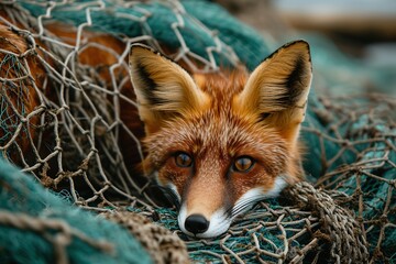 A Red Fox Is Laying In A Fishing Net