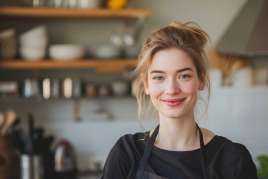 Portrait Of A Beautiful Young Woman In Apron Smiling And Looking At Camera In Kitchen