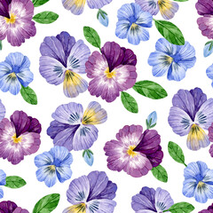 Watercolor colorful pansy with leaves seamless pattern