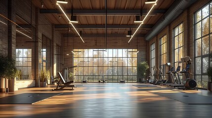 A gym space with inviting atmosphere. AI generate illustration - obrazy, fototapety, plakaty