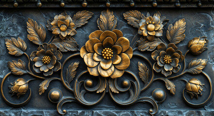 Golden Floral Bas-Relief on Dark Background