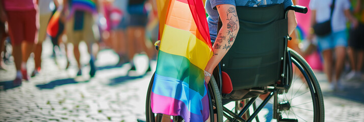 Disabled gay man in a wheelchair celebrating pride festival in the summer with rainbow flags. Copy space pride inclusion and diversity banner. AI generated - obrazy, fototapety, plakaty