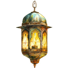 Obraz premium Watercolor Golden Islamic Lantern isolated transparent background. PNG Format.