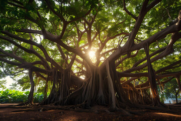 Banyan (Ficus benghalensis) - India - Banyan trees have aerial roots that grow from branches to...