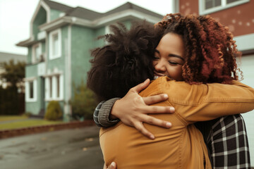 Warm, emotional moment between two African American women hugging on a residential street.


