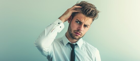 A good-looking man with his left hand scratching his head while wearing a white shirt and tie.