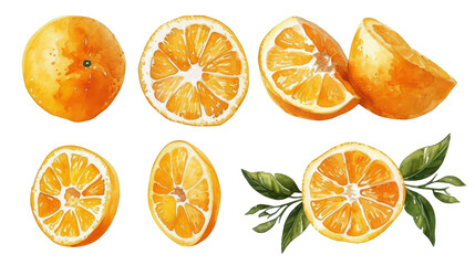 Watercolor orange fruits. Citrus set with half isolated transparent background. PNG Format.