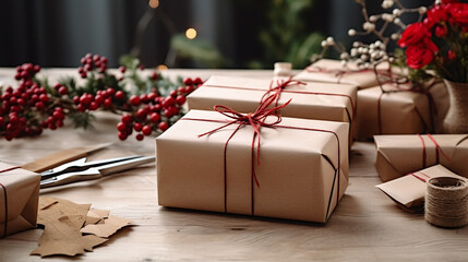 Gift packaging in an environmentally friendly way with undyed wrapping paper and natural cord - obrazy, fototapety, plakaty