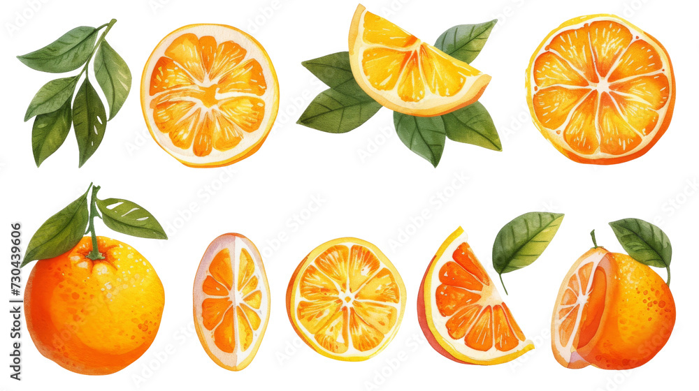 Wall mural Watercolor orange fruits. Citrus set with half isolated transparent background. PNG Format. - Wall murals
