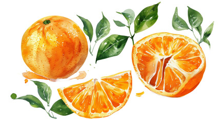 Watercolor orange fruits. Citrus set with half isolated transparent background. PNG Format.