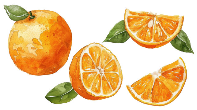 Watercolor orange fruits. Citrus set with half isolated transparent background. PNG Format.