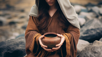 A woman holding a jar of clay that contains water. A biblical story of women in the bible. 