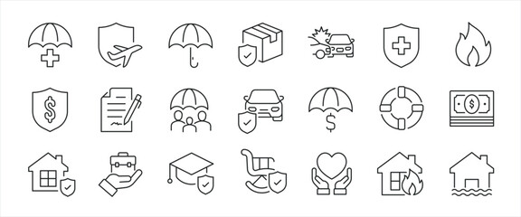 Insurance simple minimal thin line icons. Related health, umbrella, protection, risk. Editable stroke. Vector illustration.