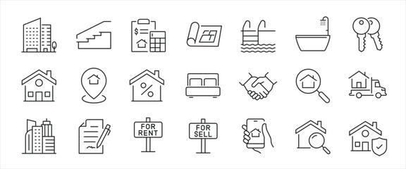 Real estate simple minimal thin line icons. Related home, apartement, mortgage, building. Editable stroke. Vector illustration.